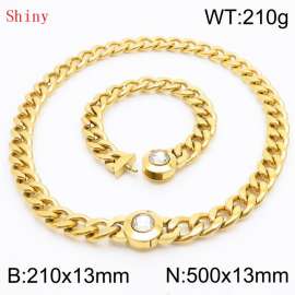 Gold-Plated Stainless Steel&Translucent Zircon Cuban Chain Jewelry Set with 210mm Bracelet&500mm Necklace