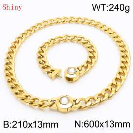 Gold-Plated Stainless Steel&Translucent Zircon Cuban Chain Jewelry Set with 210mm Bracelet&600mm Necklace