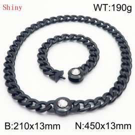 Black-Plated Stainless Steel&Translucent Zircon Cuban Chain Jewelry Set with 210mm Bracelet&450mm Necklace