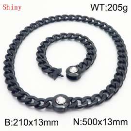 Black-Plated Stainless Steel&Translucent Zircon Cuban Chain Jewelry Set with 210mm Bracelet&500mm Necklace