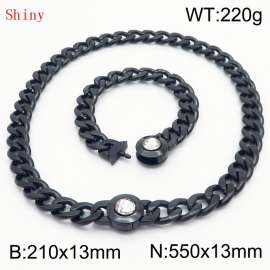 Black-Plated Stainless Steel&Translucent Zircon Cuban Chain Jewelry Set with 210mm Bracelet&550mm Necklace