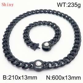 Black-Plated Stainless Steel&Translucent Zircon Cuban Chain Jewelry Set with 210mm Bracelet&600mm Necklace