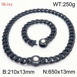 Black-Plated Stainless Steel Translucent Zircon Cuban Chain Jewelry Set with 210mm Bracelet&650mm Necklace