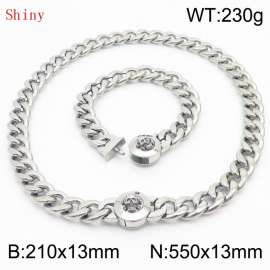 Stainless Steel Skull Charm Cuban Chain Jewelry Set with 210mm Bracelet&550mm Necklace