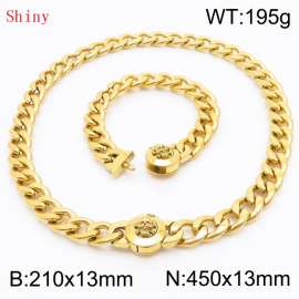 Gold-Plated Stainless Steel Skull Charm Cuban Chain Jewelry Set with 210mm Bracelet&450mm Necklace