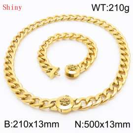 Gold-Plated Stainless Steel Skull Charm Cuban Chain Jewelry Set with 210mm Bracelet&500mm Necklace