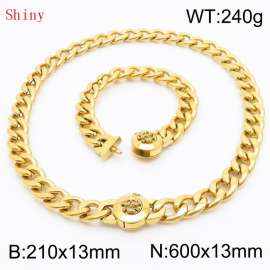 Gold-Plated Stainless Steel Skull Charm Cuban Chain Jewelry Set with 210mm Bracelet&600mm Necklace