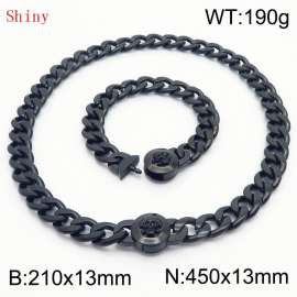 Black-Plated Stainless Steel Skull Charm Cuban Chain Jewelry Set with 210mm Bracelet&450mm Necklace