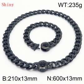 Black-Plated Stainless Steel Skull Charm Cuban Chain Jewelry Set with 210mm Bracelet&600mm Necklace