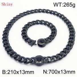 Black-Plated Stainless Steel Skull Charm Cuban Chain Jewelry Set with 210mm Bracelet&700mm Necklace