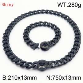 Black-Plated Stainless Steel Skull Charm Cuban Chain Jewelry Set with 210mm Bracelet&750mm Necklace