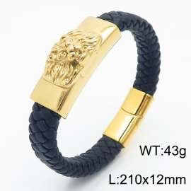 21cm Lion Head Personalized Genuine Leather Bracelet Stainless Steel Gold Plated Bracelet