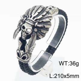 21cm Personalized Double Layer Leather Rope Woven Skull Head Genuine Leather Bracelet