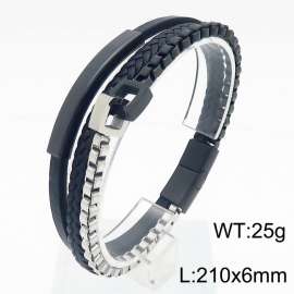 21cm stainless steel chain splicing silver black personalized leather bracelet