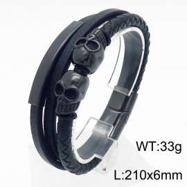 21cm stainless steel plated black skull woven multi-layer stainless steel leather bracelet