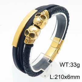 21cm stainless steel gold-plated skull head woven multi-layer stainless steel leather bracelet