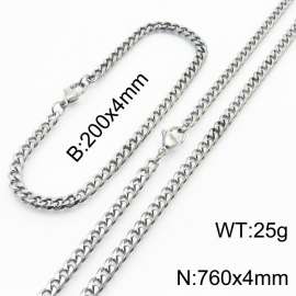 Wholesale Simple Jewelry Set 4mm Wide Cuban Chain Stainless Steel Bracelet Necklaces