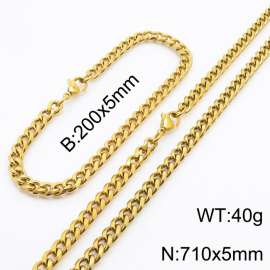 Wholesale Simple Jewelry Set 5mm Wide Cuban Chain 18k Gold Plated Stainless Steel Bracelet Necklace