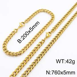 Wholesale Simple Jewelry Set 5mm Wide Cuban Chain 18k Gold Plated Stainless Steel Bracelet Necklace