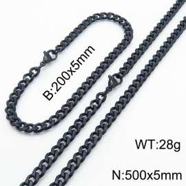 Wholesale Simple Jewelry Set 5mm Wide Cuban Chain 18k Black Plated Stainless Steel Bracelet Necklace