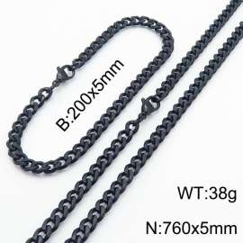 Wholesale Simple Jewelry Set 5mm Wide Cuban Chain 18k Black Plated Stainless Steel Bracelet Necklace