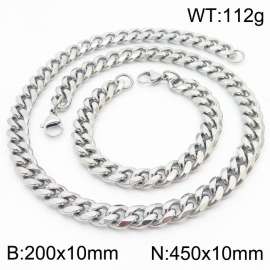 10mm Stainless Steel Cuban Bracelet Necklace Set Men's and Women's Jewelry