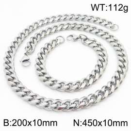 10mm Stainless Steel Cuban Bracelet Necklace Set Men's and Women's Jewelry