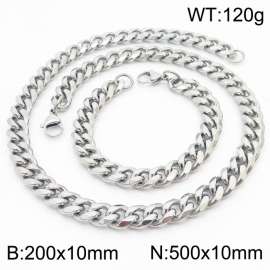 10mm Stainless Steel Cuban Bracelet Necklace Set Men's and Women's Jewelry