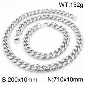 10mm Stainless Steel Cuban Bracelet Necklace Set Men's and Women's Jewelry