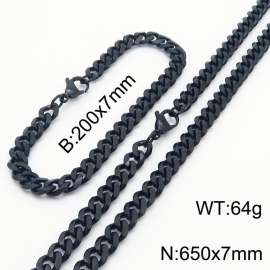 7mm Stylish and minimalist stainless steel black Cuban chain bracelet necklace jewelry set