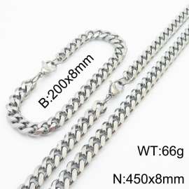 8mm Fashionable and minimalist stainless steel Cuban chain bracelet necklace jewelry set in silver