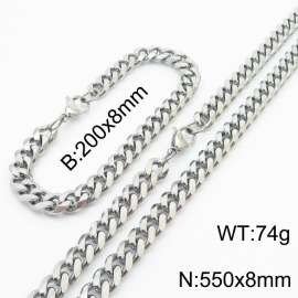 8mm Fashionable and minimalist stainless steel Cuban chain bracelet necklace jewelry set in silver