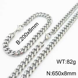 8mm Fashionable and minimalist stainless steel Cuban chain bracelet necklace jewelry set in silver