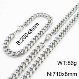 8mm Fashionable and minimalist stainless steel Cuban chain bracelet necklace jewelry set in silver
