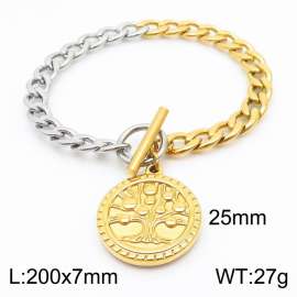 Golden circular pendant tree OT buckle titanium steel bracelet