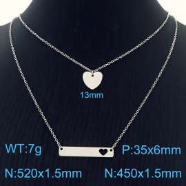 Heart shaped pendant with hollow heart shaped long strip, two piece set of steel colored stainless steel necklace