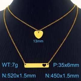 Heart shaped pendant with hollowed out heart shaped long strip, two piece set of gold stainless steel necklace
