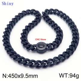 European and American fashion stainless steel 450 × 9.5mm Cuban chain diamond round buckle men's temperament black necklace
