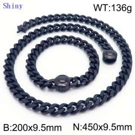 European and American fashion stainless steel 200 × 9.5mm&450 × 9.5mm Cuban chain smooth round buckle men's temperament black set
