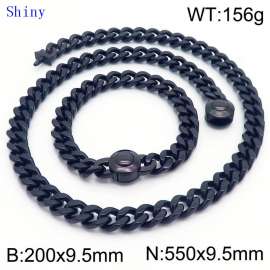European and American fashion stainless steel 200 × 9.5mm&550 × 9.5mm Cuban chain smooth round buckle men's temperament black set