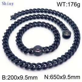 European and American fashion stainless steel 200 × 9.5mm&650 × 9.5mm Cuban chain smooth round buckle men's temperament black set