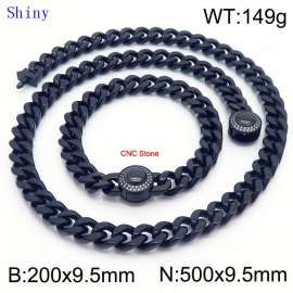 European and American Fashion Stainless Steel 200 × 9.5mm&500 × 9.5mm Cuban chain diamond round buckle men's temperament black set