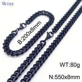 20cm Bracelets 55cm Necklace Black Color Stainless Steel Shiny Cuban Link Chain Jewelry Set For Men