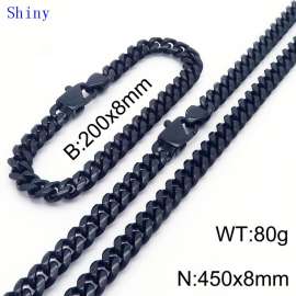 20cm Bracelets 45cm Necklace Black Color Stainless Steel Shiny Cuban Link Chain Jewelry Set For Men
