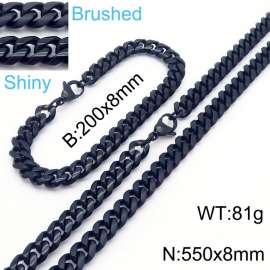 20cm Bracelets 55cm Necklace Black Color Stainless Steel Shiny Brushed Cuban Link Chain Jewelry Set For Men