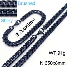 20cm Bracelets 65cm Necklace Black Color Stainless Steel Shiny Brushed Cuban Link Chain Jewelry Set For Men