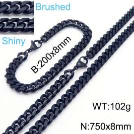 20cm Bracelets 75cm Necklace Black Color Stainless Steel Shiny Brushed Cuban Link Chain Jewelry Set For Men