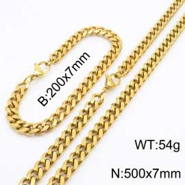 7mm Stylish and minimalist stainless steel gold Cuban chain bracelet necklace jewelry set