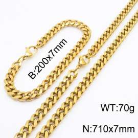 7mm Stylish and minimalist stainless steel gold Cuban chain bracelet necklace jewelry set