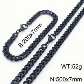 7mm Stylish and minimalist stainless steel black Cuban chain bracelet necklace jewelry set
